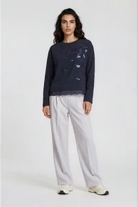 Milano Sweatshirt navy, dunkelblau, blau, Saum mit Spitze, Stickerei mit Pailletten, Rundhalsausschnitt, langärmlig
