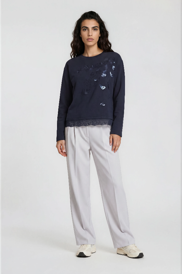 Milano Sweatshirt navy, dunkelblau, blau, Saum mit Spitze, Stickerei mit Pailletten, Rundhalsausschnitt, langärmlig