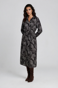 Milano Kleid mocca print, gemustert, Midi-Länge, Kragen, Knopfleiste, langärmlig, Viskose