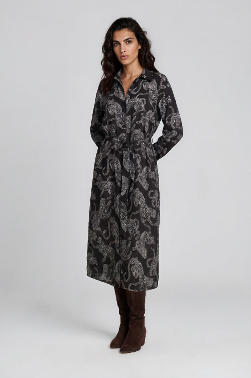 Milano Kleid mocca print, gemustert, Midi-Länge, Kragen, Knopfleiste, langärmlig, Viskose