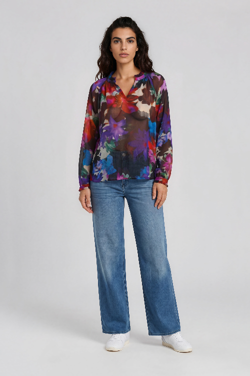 Milano Bluse purple print, bunt, Stehkragen mit Rüsche, langärmlig, Raglanärmel, transparent