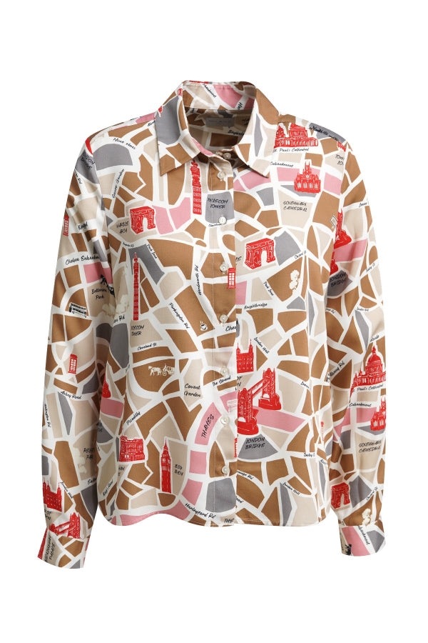 Milano Hemdbluse caramel print, gemustert, London, Kragen, Knopfleiste, Viskose