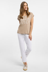 Elbsand T-Shirt Eldis camel melange, beige, Schriftzug, kurzärmlig, Rundhalsausschnitt