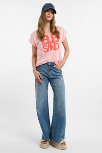 Elbsand T-Shirt Eldis papaya melange, rosa, kurzärmlig, Rundhalsausschnitt, Schriftzug