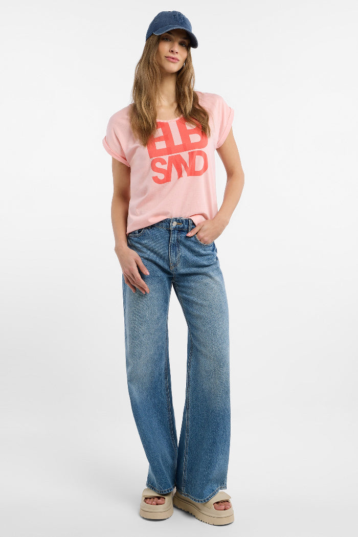 Elbsand T-Shirt Eldis papaya melange, rosa, kurzärmlig, Rundhalsausschnitt, Schriftzug