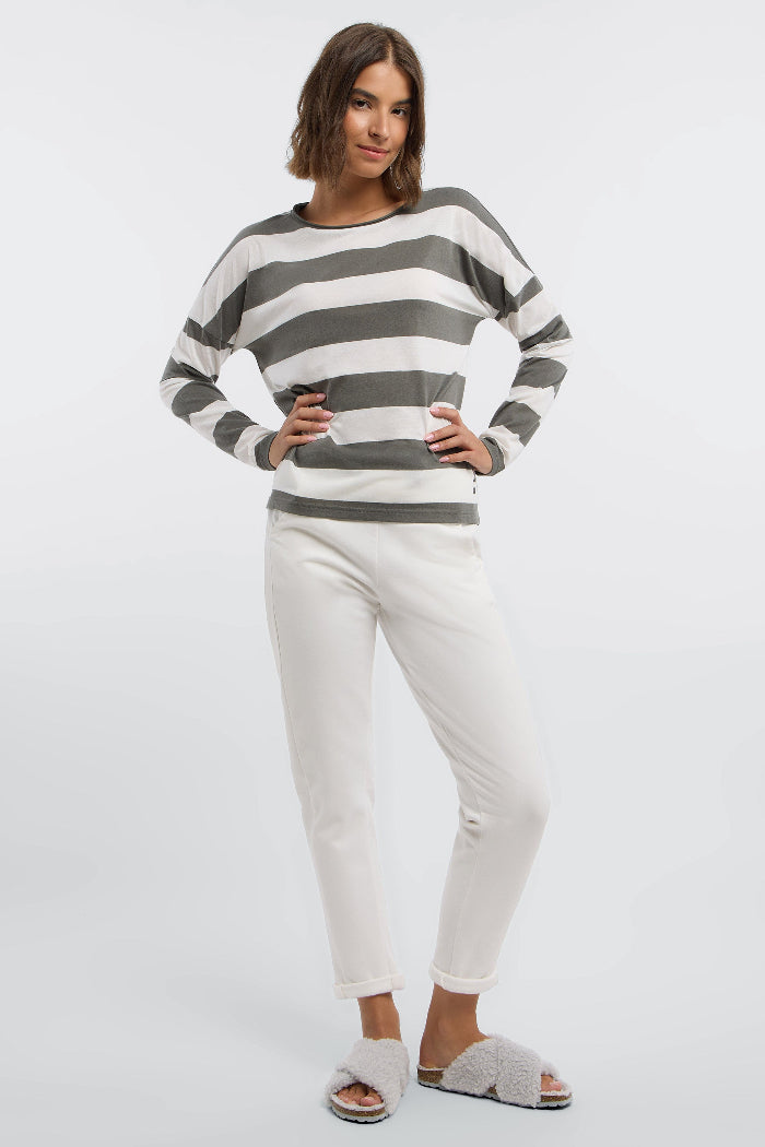 Elbsand Longsleeve Milia gestreift dark slate/cloud white, Blockstreifen, khaki, weiß, Langarmshirt