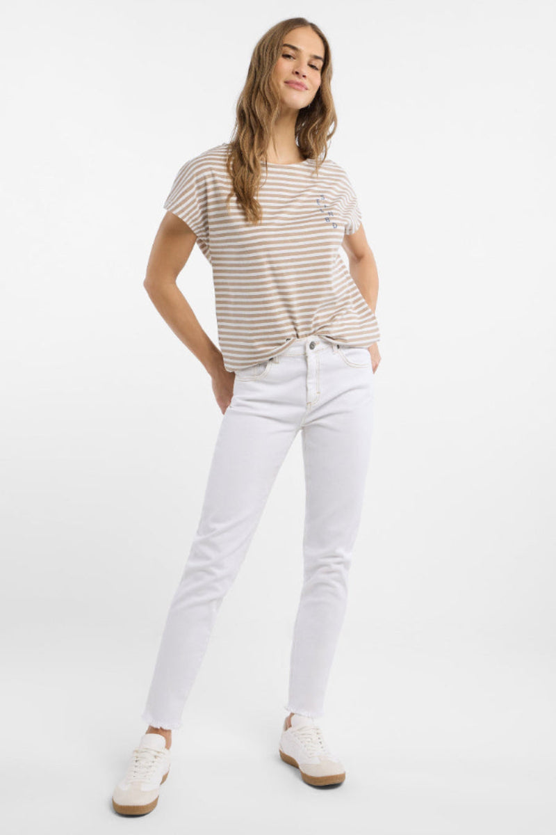 Elbsand T-Shirt Selma gestreift camel/bright white, Streifen, kurzärmlig, Rundhalsausschnitt