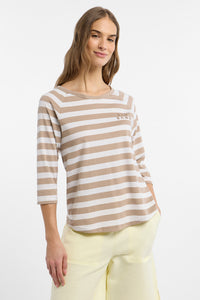 Elbsand Shirt Celin Stripes camel/bright white, beige, weiß, Streifen, 3/4 Ärmel, Rundhalsausschnitt