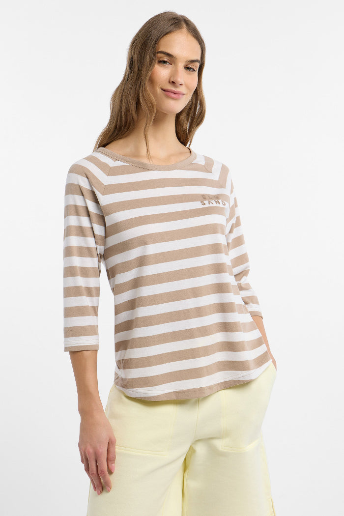Elbsand Shirt Celin Stripes camel/bright white, beige, weiß, Streifen, 3/4 Ärmel, Rundhalsausschnitt