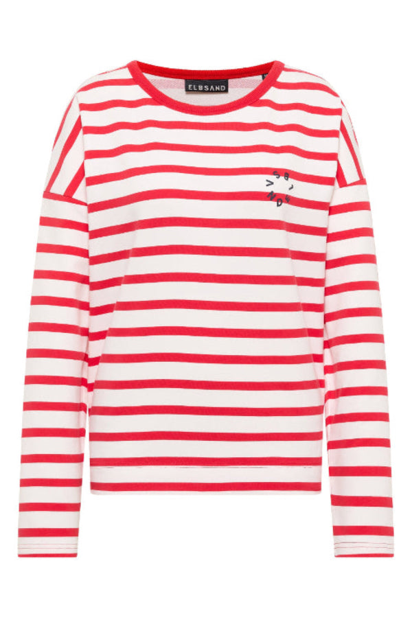 Elbsand Sweatshirt Elva gestreift cloud white/barberry, loose fit, Streifen, rot-weiß