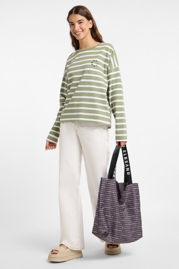 Elbsand Sweatshirt Elva green leaf/cloud white, gestreift, Streifen, khaki grün/weiß, Langarmshirt Rundhalsausschnitt