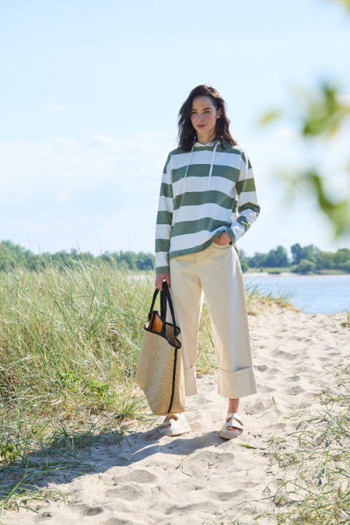 Elbsand Hoodie Eydis gestreift cloud white/green leaf, weiß/khaki, Kapuze, Kapuzenpulli