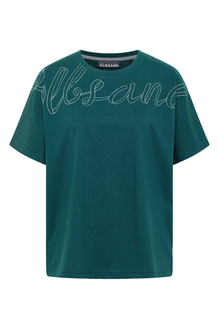 Elbsand T-Shirt Zanna dark ivy, dunkelgrün, Schreibschrift, kurzärmlig, 1/2 Arm, Rundhalsausschnitt