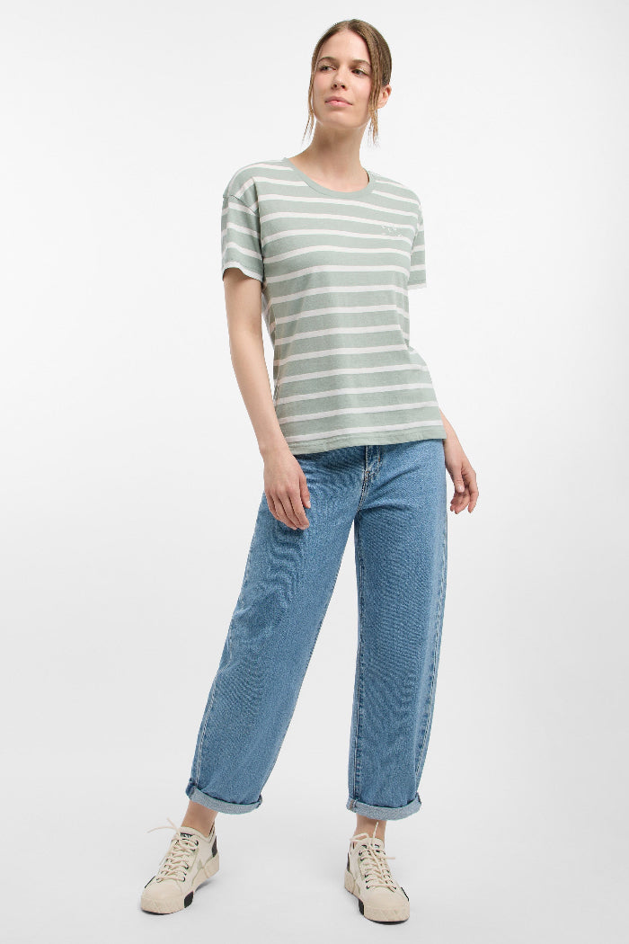 Elbsand T-Shirt Uumi gestreift silt green/cloud white, Streifen, grün, weiß, kurzärmlig, 1/2 Arm, Rundhalsausschnitt