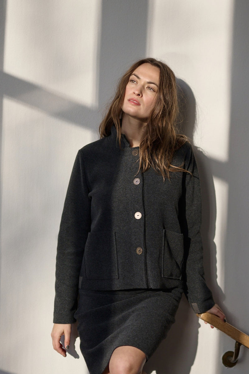 Henriette Steffensen, Jacke, Cardigan, Fleece, soft black, schwarz, kurz, Stehkragen
