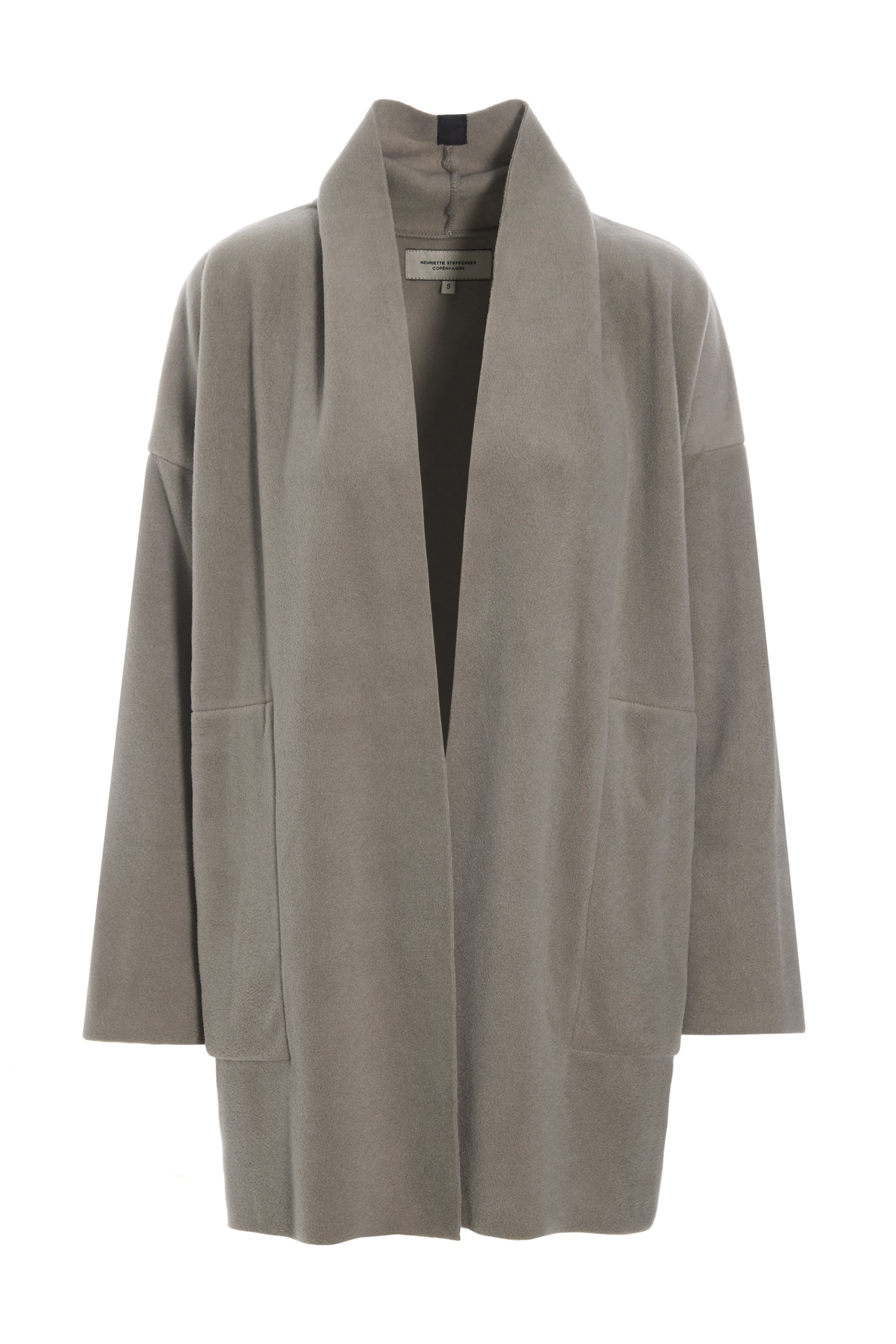 Henriette Steffensen Long-Cardigan grey, grau, unifarben, Schalkragen, Taschen, Fleece