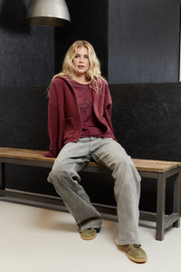 Henriette Steffensen Cardigan bordeaux, dunkelrot, weinrot, Jacke, unifarben, Kapuze, Fleece