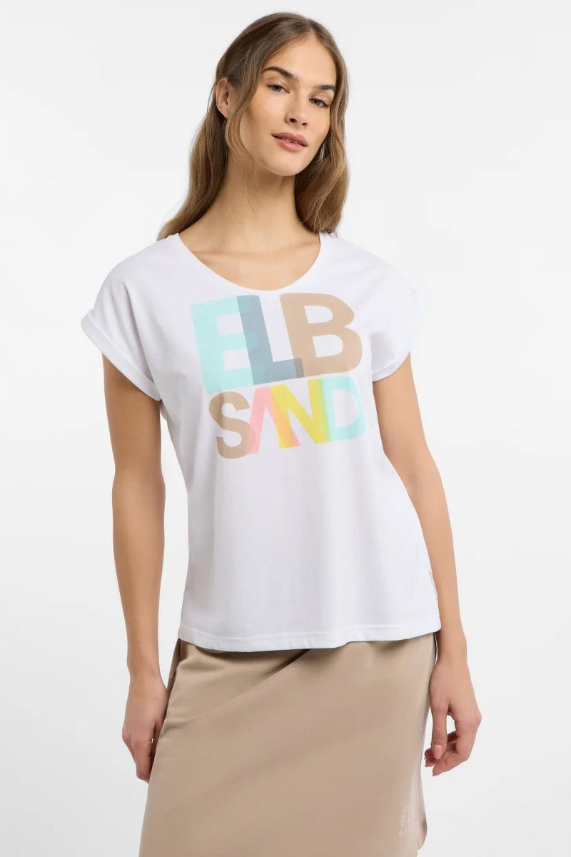 Elbsand T-Shirt Eldis bright white, weiß, multi, kurzärmlig, Rundhalsausschnitt