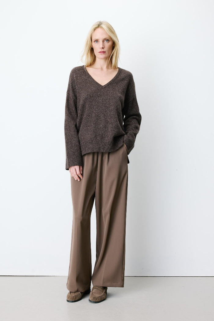Grace & Mila Pullover Salvador chocolat, dunkelbraun, unifarben, V-Ausschnitt, oversized