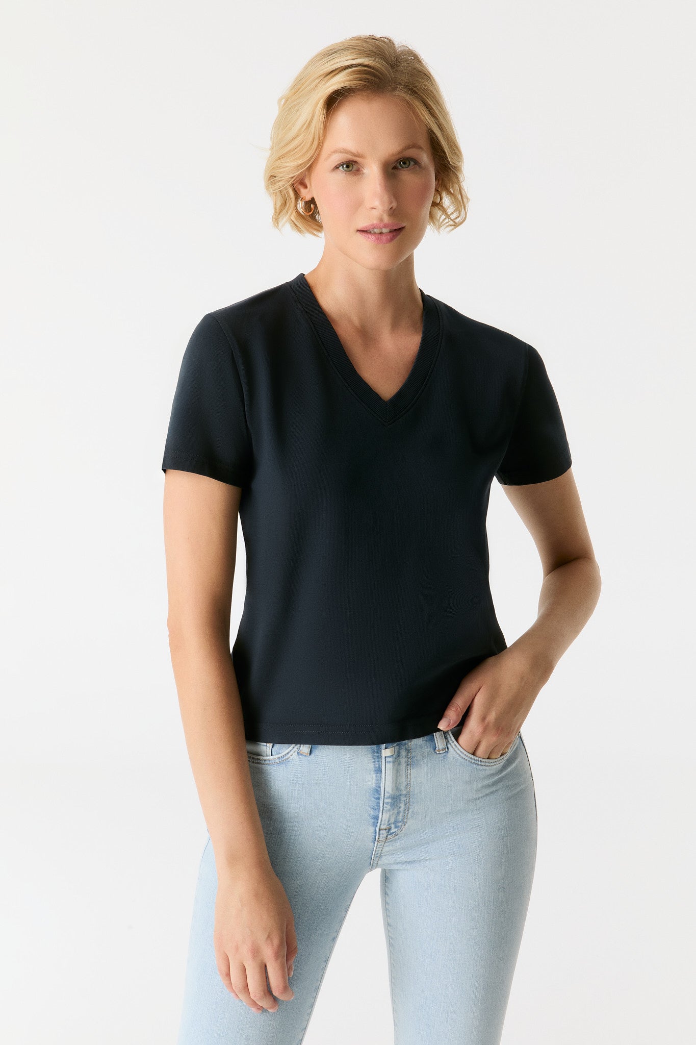 Cup of Joe T-shirt Greta navy, kurzärmlig, V-Ausschnitt, blau, dunkelblau, Baumwolle