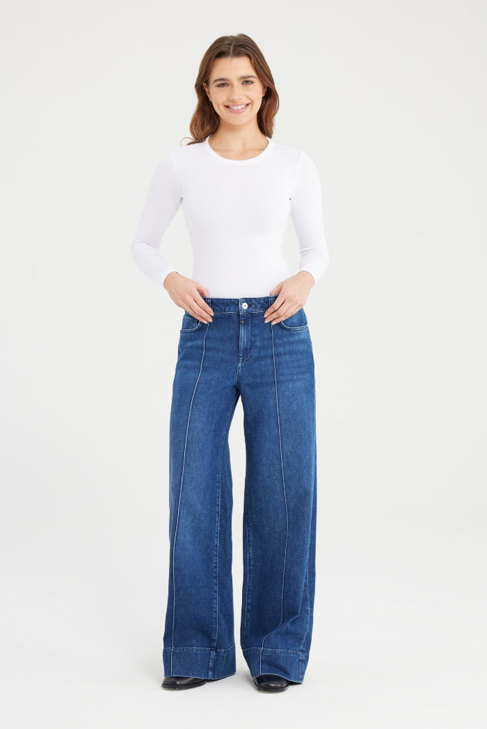 Cup of Joe Jeans Layla dark blue, blau, dunkle Waschung, wide straight fit, mid waist, Ziernähte