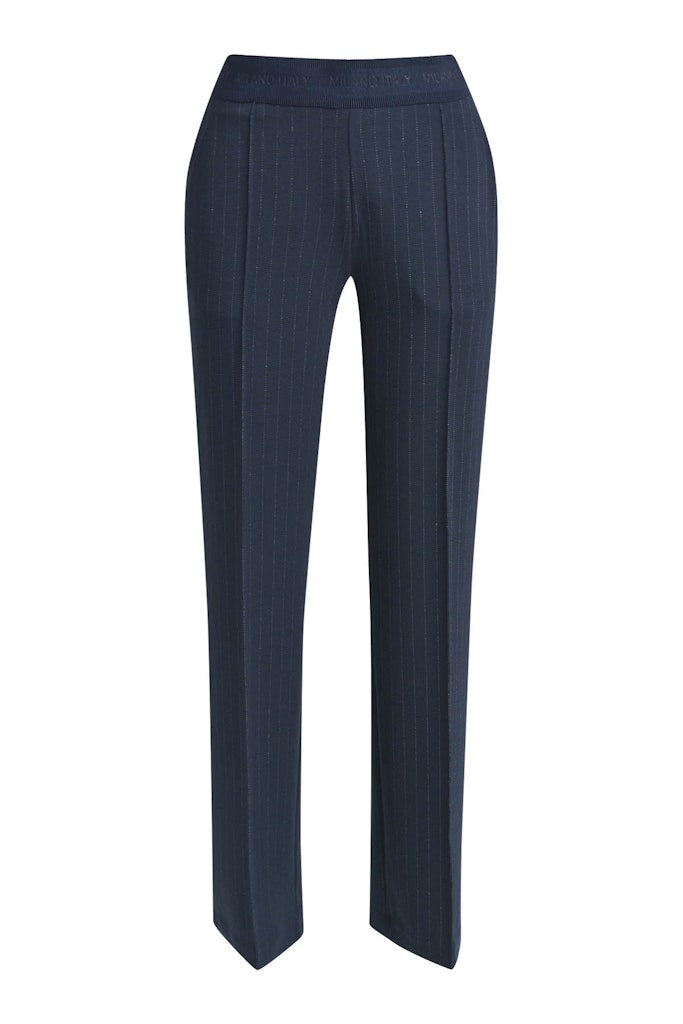 Milano Hose, navy Print, Nadelstreifen, Gummibund, Ziernaht, blau, feiner weißer Streifen