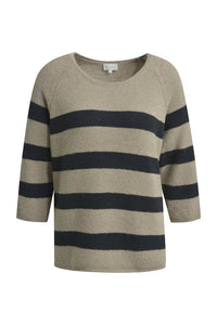Milano Pullover, mink print, beige-blau, Rundhalsausschnitt, 3/4 Ärmel, Raglanärmel, Blockstreifen