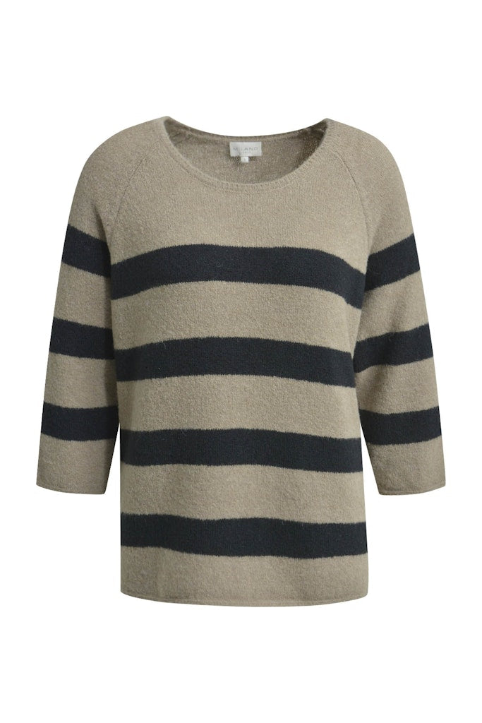 Milano Pullover, mink print, beige-blau, Rundhalsausschnitt, 3/4 Ärmel, Raglanärmel, Blockstreifen
