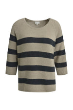 Milano Pullover, mink print, beige-blau, Rundhalsausschnitt, 3/4 Ärmel, Raglanärmel, Blockstreifen
