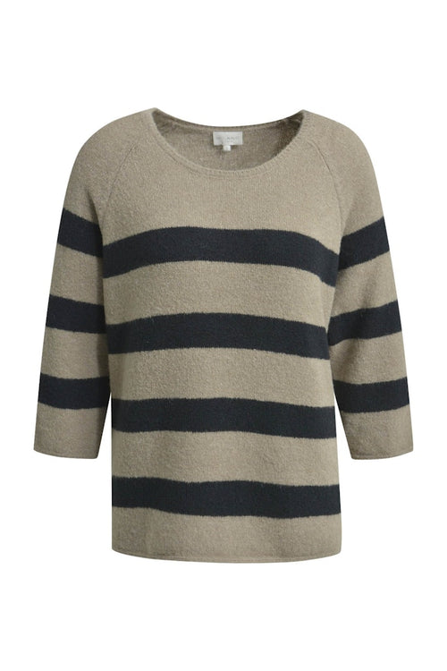 Milano Pullover, mink print, beige-blau, Rundhalsausschnitt, 3/4 Ärmel, Raglanärmel, Blockstreifen