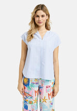 Milano Bluse, Blusentop, azur print, Tunika Style, ohne Kragen, gestreift