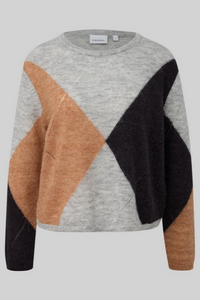 Comma Strickpulli, placed argyle knit, dreifarbig, Rundhalsausschnitt, grau, schwarz, beige