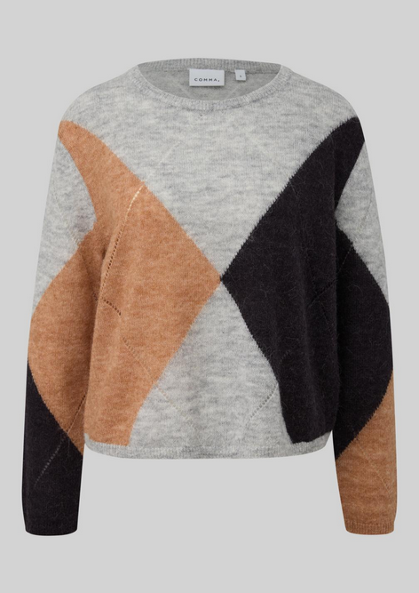 Comma Strickpulli, placed argyle knit, dreifarbig, Rundhalsausschnitt, grau, schwarz, beige