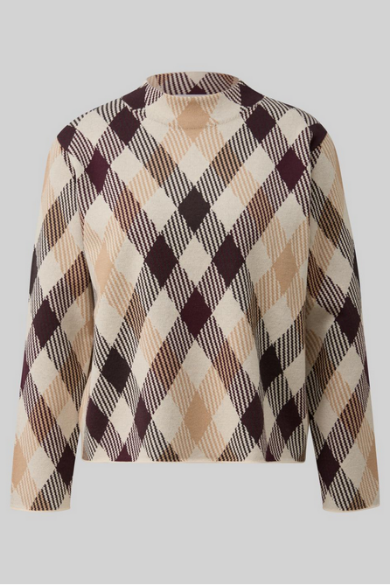 Comma Pullover, Pulli, braun kariert, check knit jaquard, Stehkragen, ohne Bündchen