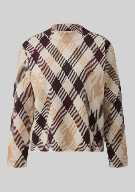 Comma Pullover, Pulli, braun kariert, check knit jaquard, Stehkragen, ohne Bündchen