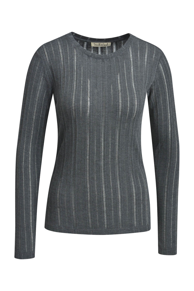 Smith & Soul Fancy Rib Longsleeve, Langarmshirt, anthrazit melange, Rundhalsausschnitt, Streifen