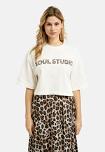 Smith & Soul T-Shirt, oversized, kurz, weiß mit Print, Leomuster