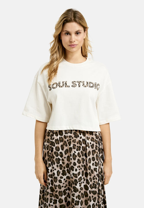 Smith & Soul T-Shirt, oversized, kurz, weiß mit Print, Leomuster