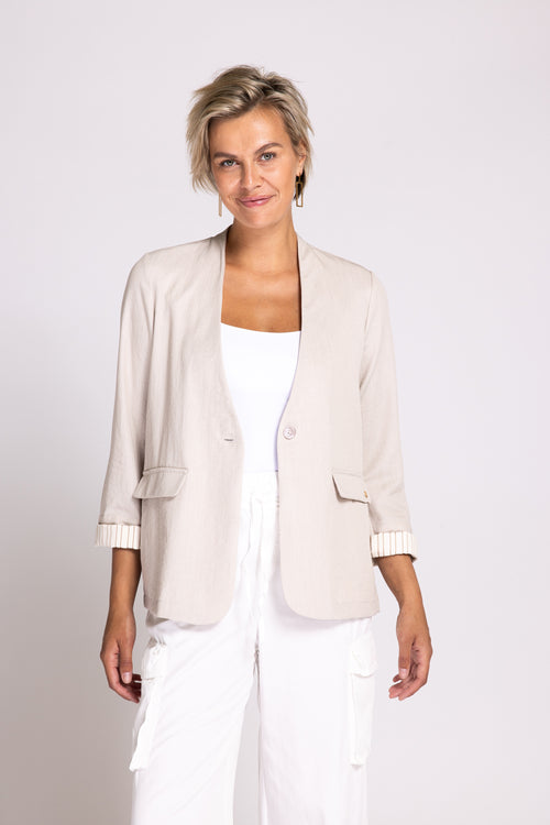 Zhrill, Blazer, ZHLINIE, creme, beige, regular fit, kurz, Ärmel mit Umschlag, gestreift