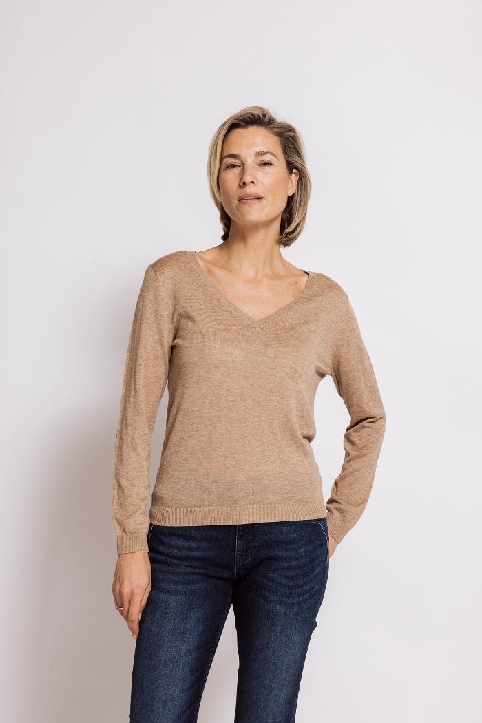 Zhrill Pullover Velma sand/beige/taupe, unifarben, V-Ausschnitt, langärmlig, Feinstrickpullover