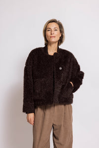 Zhrill Jacke Mera schwarz, Felloptik, Plüsch, Stehkragen, Taschen, Ziernähte