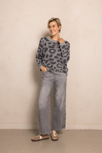Zhrill Pulli Isabella, anthra, anthrazit, Leomuster, mit Wolle, Rundhalsausschnitt