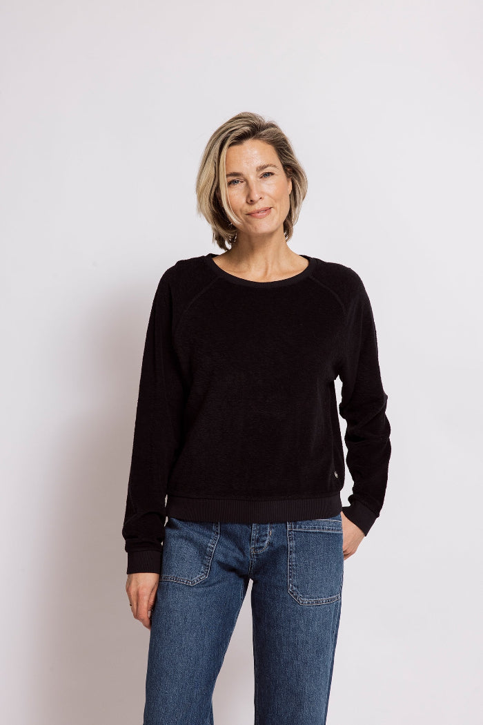 Zhrill Longsleeve Inge LS schwarz, unifarben, Frottee, Rundhalsausschnitt, Langarmshirt, Sweater