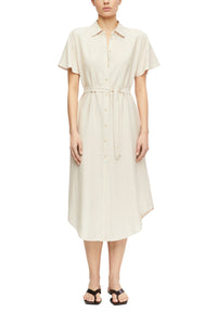 Comma Kleid beige, unifarben, Kragen, Knopfleiste, Bindegürtel