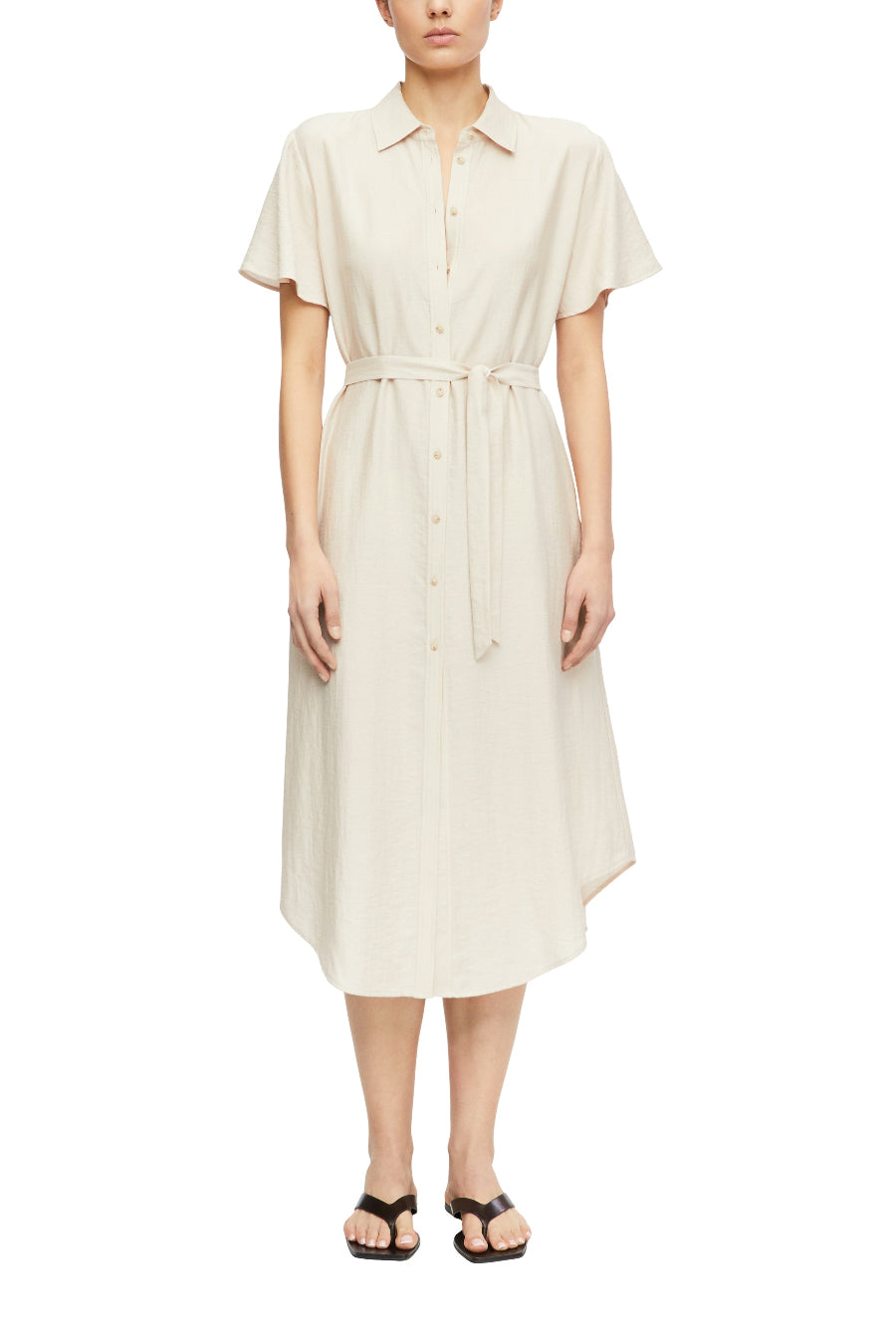 Comma Kleid beige, unifarben, Kragen, Knopfleiste, Bindegürtel