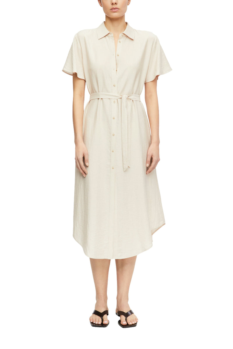 Comma Kleid beige, unifarben, Kragen, Knopfleiste, Bindegürtel