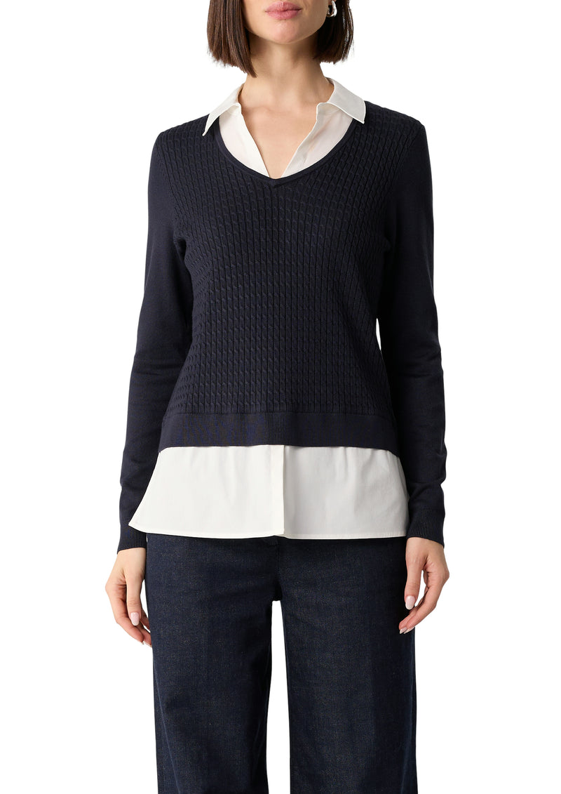 Comma Strickpullover midnight blue, klassisch, langärmlig, strukturiert, dunkelblau