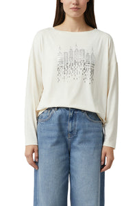 Comma Longsleeve NY skyline creme, Rundhalsausschnitt, offwhite