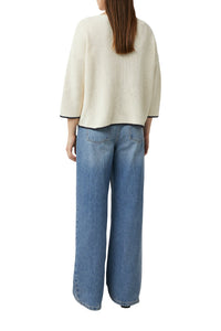 Comma Boxy Strickpullover offwhite, gerippt, Rundhalsausschnitt, Baumwolle