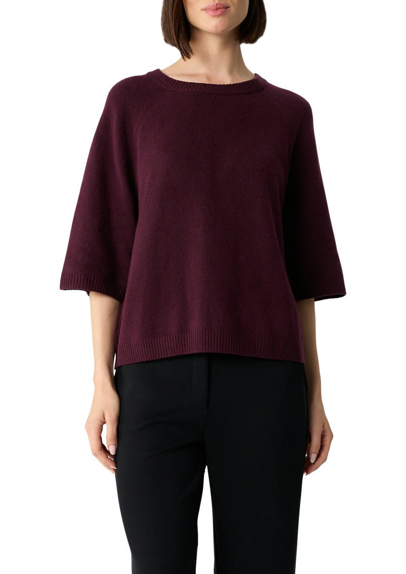 Comma Strickpullover, dunkelrot, bordeaux, Rundhalsausschnitt, 3/4 Ärmel